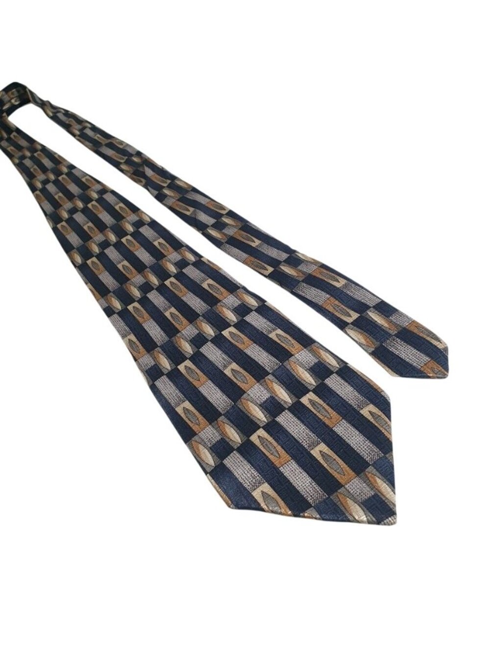 Stafford Silk Men Tie Geometric Multicolor Brown Gold Blue Pattern Retro Design